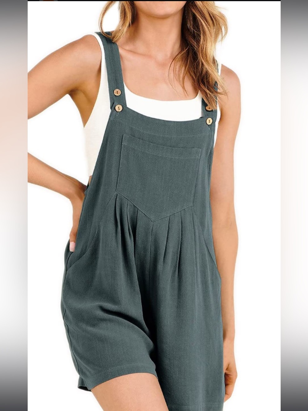 Woven Short Overalls Jumpsuit in Slate Green